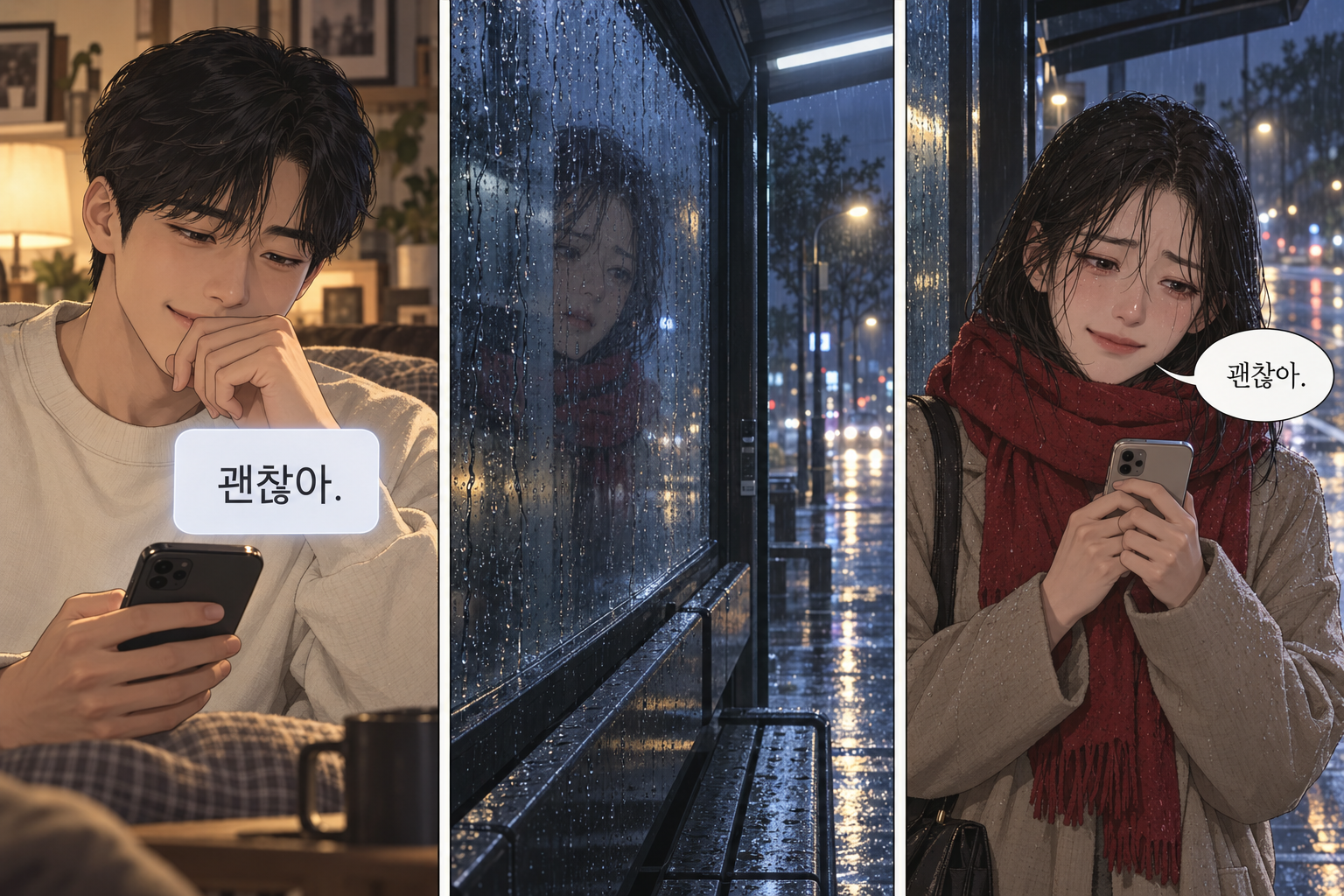 왼쪽: 괜찮아라는 문자를 읽고 안도하는 남자. 가운데: 비 내리는 정류장의 침묵. 오른쪽: 젖은 머리와 붉은 목도리의 여자가 눈물을 참으며 괜찮아라고 말한다.